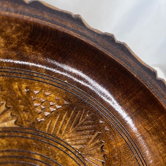 Hand Carved Decorative Wooden Shallow Bowl Folk Art Wall Decor Boho Bread Plate - Picture 4 of 10